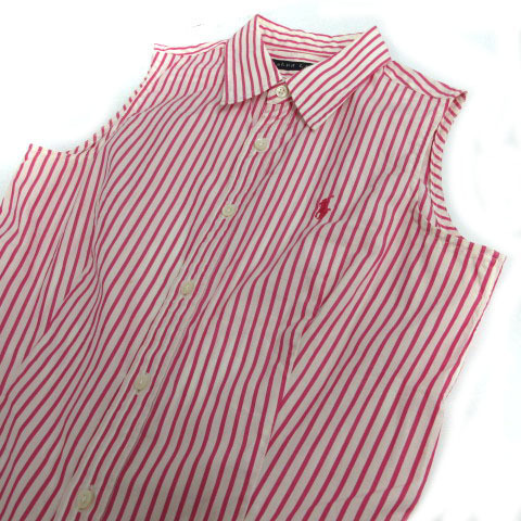  Ralph Lauren RALPH LAUREN shirt no sleeve stripe po knee embroidery pink white 5 lady's 