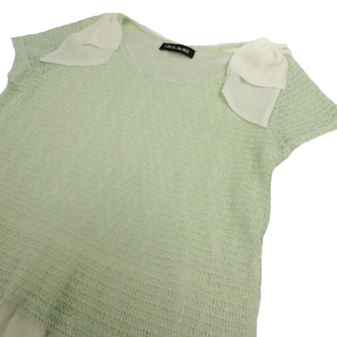  Cecil McBee CECIL McBEE knitted cut and sewn short sleeves race shoulder ribbon Layered manner light green yellow green off white M lady's 