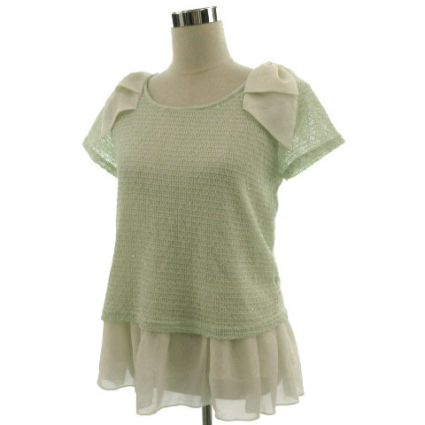  Cecil McBee CECIL McBEE knitted cut and sewn short sleeves race shoulder ribbon Layered manner light green yellow green off white M lady's 