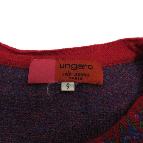 ウンガロ UNGARO ニット セーター 長袖 総柄 レッド 赤 グリーン 緑 ブルー 青 9 レディース_画像6