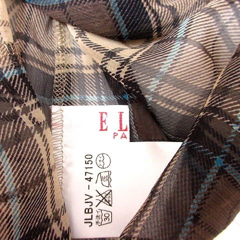  L ELLE shirt blouse long sleeve check waist Mark 40 tea Brown /RT #MO lady's 