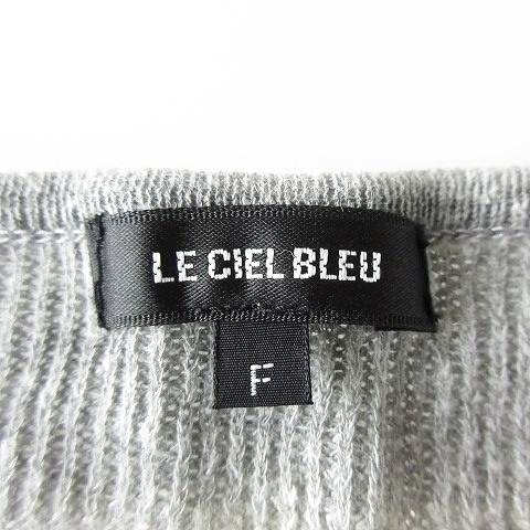  Le Ciel Bleu LE CIEL BLEU knitted One-piece knee height short sleeves crew neck flax .linen. border thin F gray lady's 