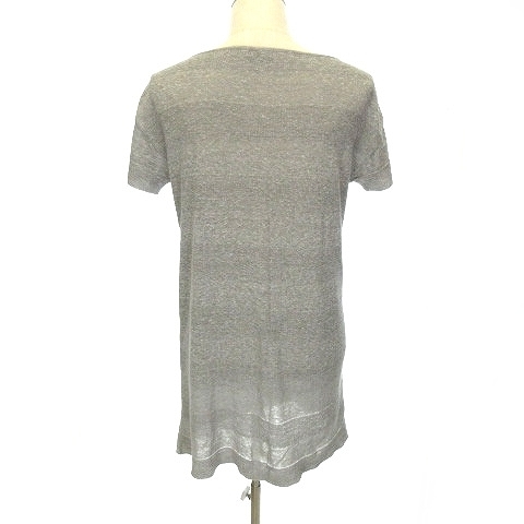  Le Ciel Bleu LE CIEL BLEU knitted One-piece knee height short sleeves crew neck flax .linen. border thin F gray lady's 