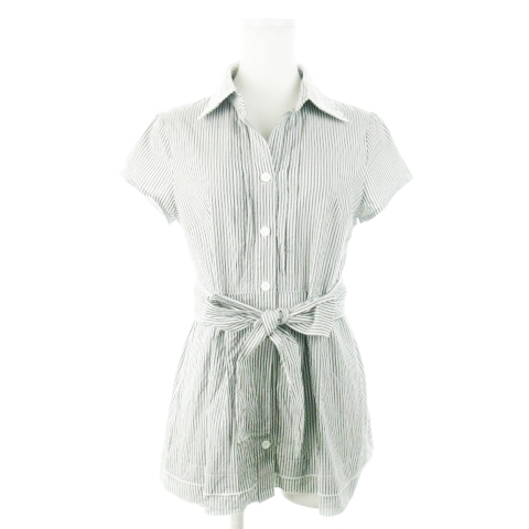  Queens Court QUEENS COURT blouse shirt open color short sleeves stripe lace ribbon 2 gray /AH2 * lady's 