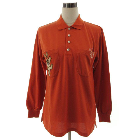 エムユースポーツ MU SPORT ポロシャツ 長袖 刺繍 犬 ゴルフボール 日本製 オレンジ系 40 レディース_画像1