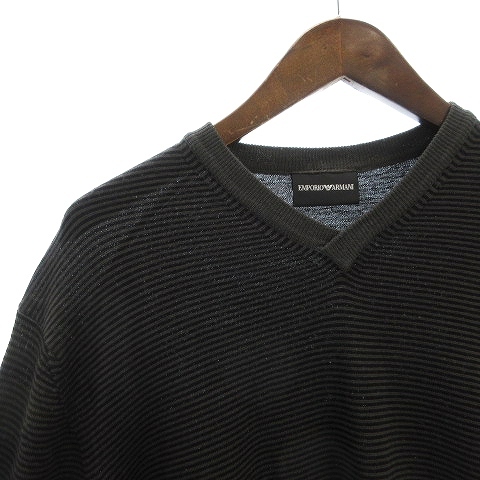 エンポリオアルマーニ EMPORIO ARMANI ニット セーター 長袖 Vネック 羊毛 ボーダー リブ 6Z1MYB 1M2BZ 黒 ブラック XL