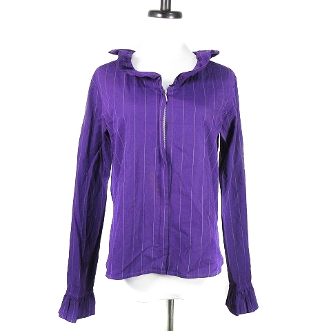  Agnes B jacket jumper long sleeve low color frill Zip up stripe 38 purple white lady's 