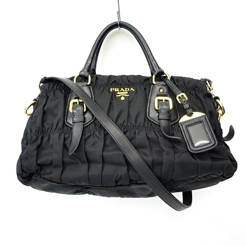 プラダ PRADA 2WAY ギャザー ハンドバッグ ショルダー BN1407 ナイロン レザー ゴールド金具 ブラック 黒 ■WY レディース_画像1
