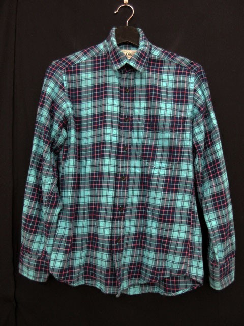 ユニクロ UNIQLO フランネル Flannel シャツ カジュアル チェック 長袖 XS 青 ブルー メンズ_画像1