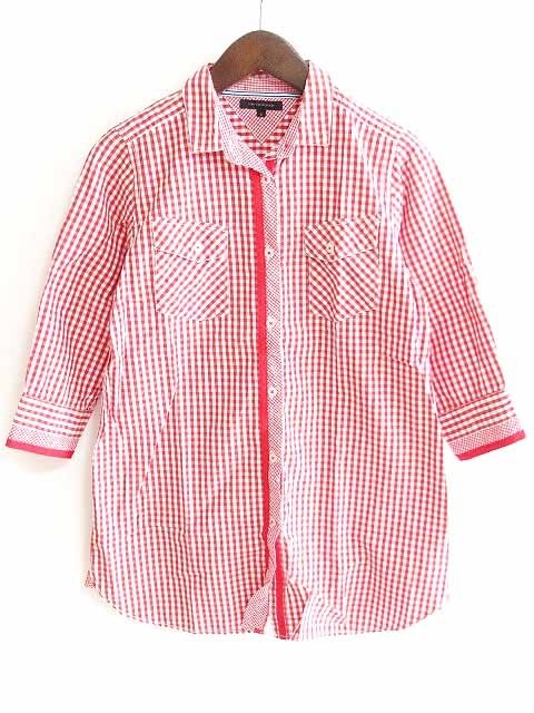  Tommy Hilfiger TOMMY HILFIGER shirt blouse tunic block check 7 minute sleeve cotton 100 red S lady's 