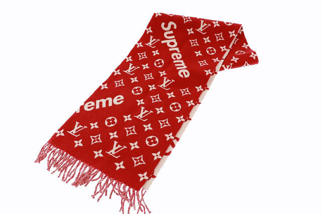 ルイヴィトン LOUIS VUITTON ×Supreme シュプリーム MP1890 モノグラム ロゴ カシミヤ混 ウール マフラー ストール 赤 レッド ☆AA★▲■_画像1