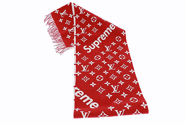 ルイヴィトン LOUIS VUITTON ×Supreme シュプリーム MP1890 モノグラム ロゴ カシミヤ混 ウール マフラー ストール 赤 レッド ☆AA★▲■_画像3