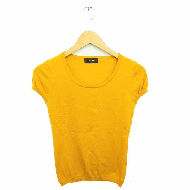  Jusglitty JUSGLITTY knitted sweater ound-necked plain simple short sleeves mustard Karashi color mustard /TT45 lady's 