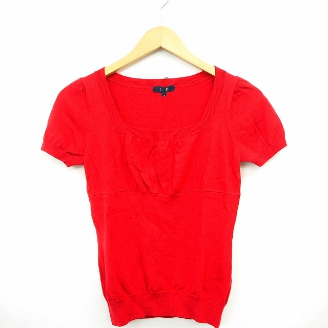  Rope ROPE knitted sweater rib plain simple square neck short sleeves wool wool M red red /MT20 lady's 