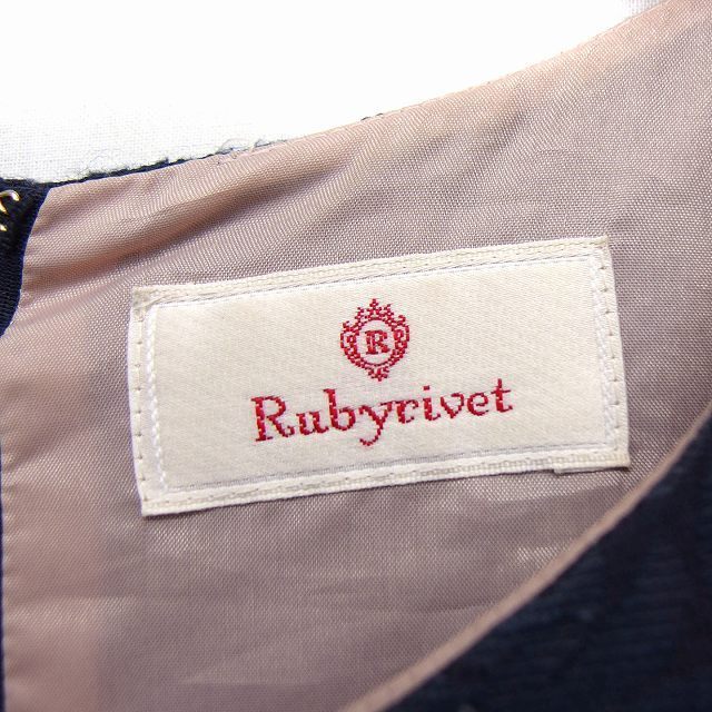 ルビーリベット Rubyrivet ワンピース オーナメント柄 フレア 丸首 フレンチスリーブ ひざ丈 コットン 36 ネイビー /FT6 レディース_画像3