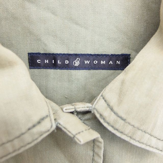 チャイルドウーマン CHILD WOMAN ワンピース シャツ ひざ丈 ステンカラー 無地 シンプル 七分袖 F 緑 グリーン /TT18 レディース_画像3