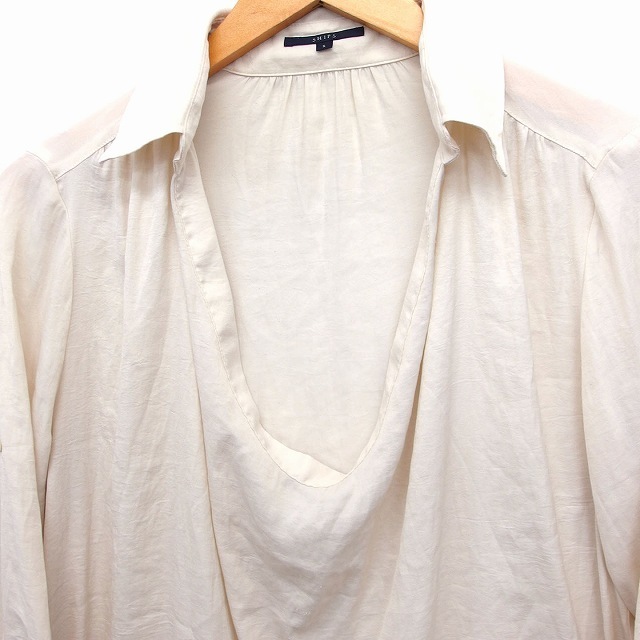  Ships SHIPS shirt blouse open neck 7 minute sleeve plain S light beige /FT12 lady's 