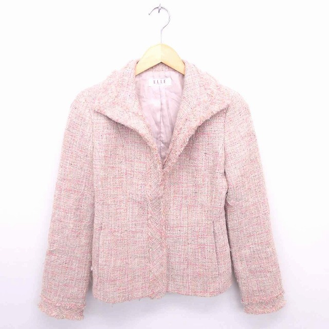  L ELLE jacket outer turn-down collar lame ratio wing tailoring wool long sleeve 38 pink /TT11 lady's 