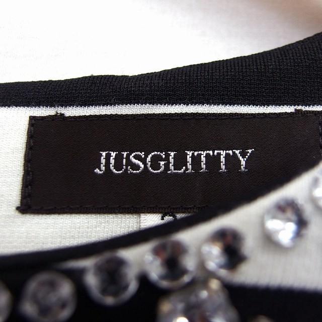 ジャスグリッティー JUSGLITTY カットソー Tシャツ 丸首 半袖 ボーダー 柄 ビジュー装飾 2 ブラック アイボリー /HT35 レディース_画像3