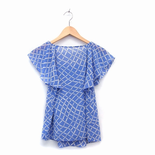  Rope ROPE shirt blouse short sleeves square neck total pattern 9 blue blue /KT12 lady's 