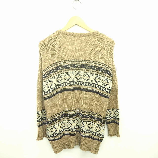  Moussy moussy cardigan knitted knee height total pattern V neck long sleeve F light brown beige /TT40 lady's 