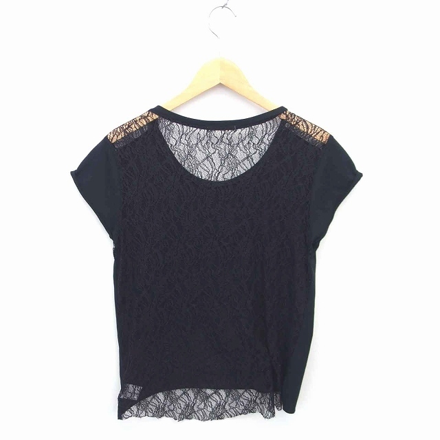 マウジー moussy カットソー Tシャツ 丸首 レース 透け感 半袖 F 黒 ブラック /TT7 レディース_画像2