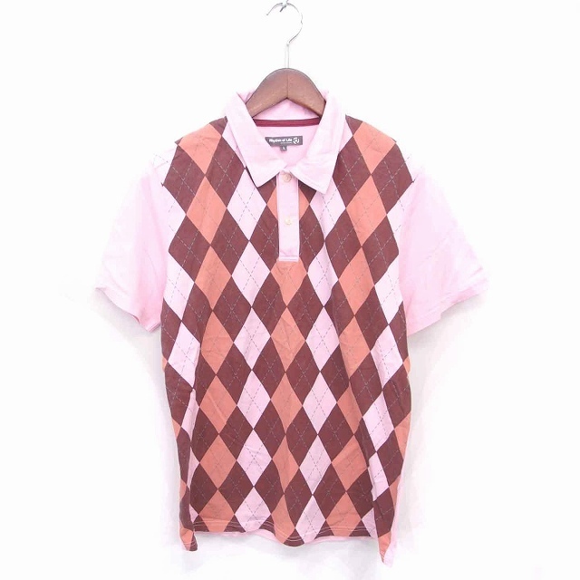 リズムオブライフ RHYTHM OF LIFE ポロシャツ シャツ アーガイルチェック 半袖 L ピンク ブラウン 茶 /TT3 メンズ_画像1