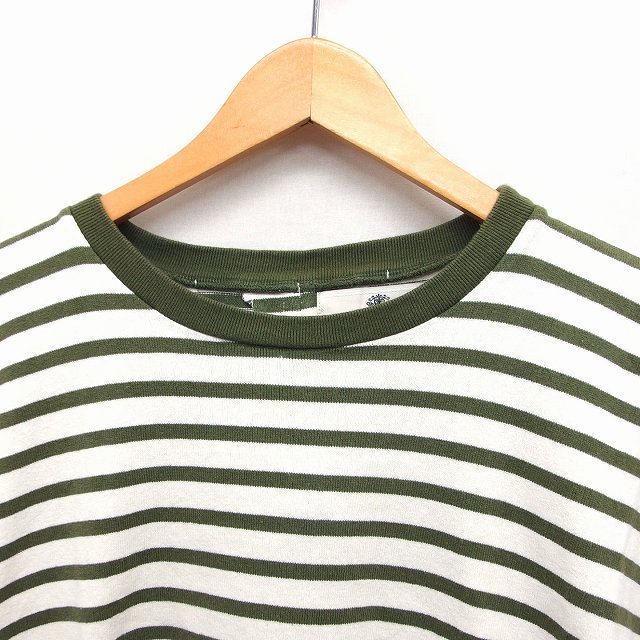 カオン Kaon ボーダー柄 カットソー Tシャツ フレンチスリーブ 丸首 リボン 綿 F カーキ /FT29 レディース