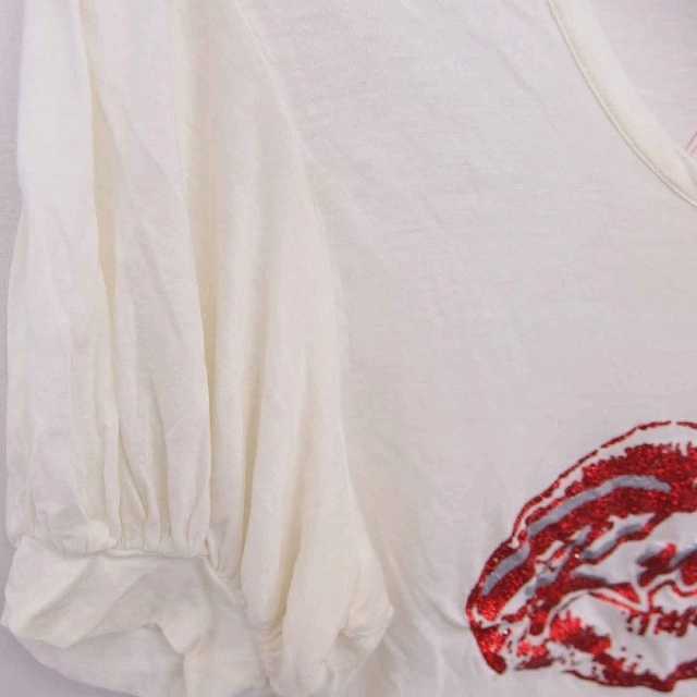 アールエヌエー RNA Tシャツ カットソー 丸首 唇柄 ラメプリント 半袖 M クリーム レッド 赤 /TT2 レディース_画像6