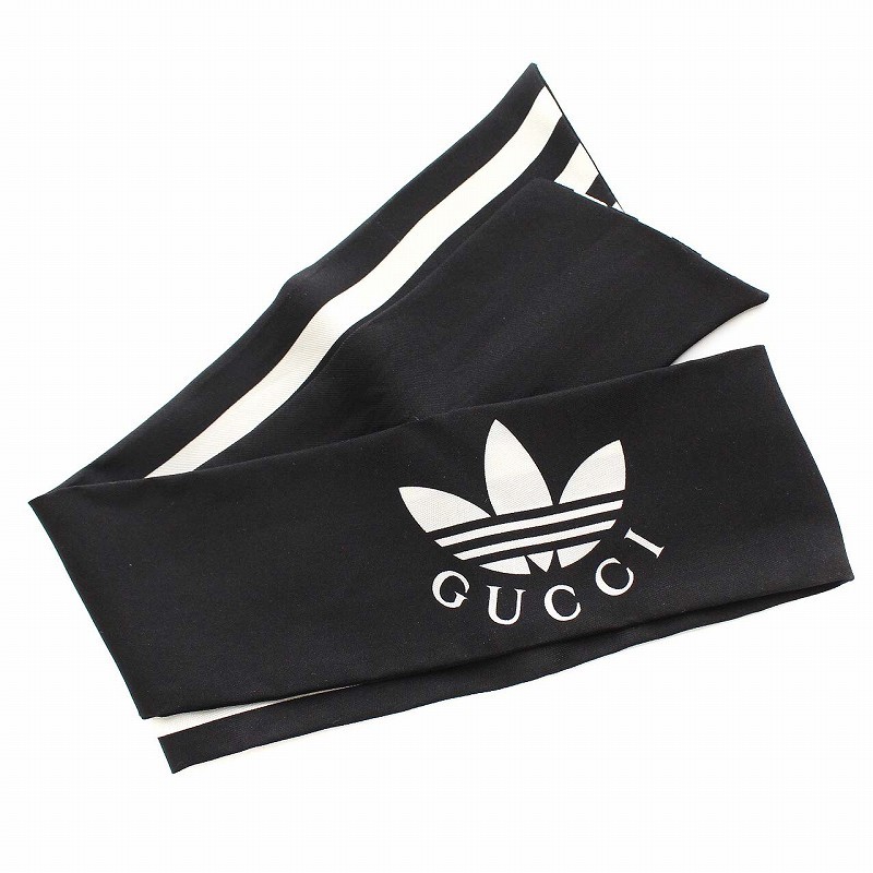グッチ GUCCI 22SS adidas ストライプ シルク ネックボウ スカーフ 黒