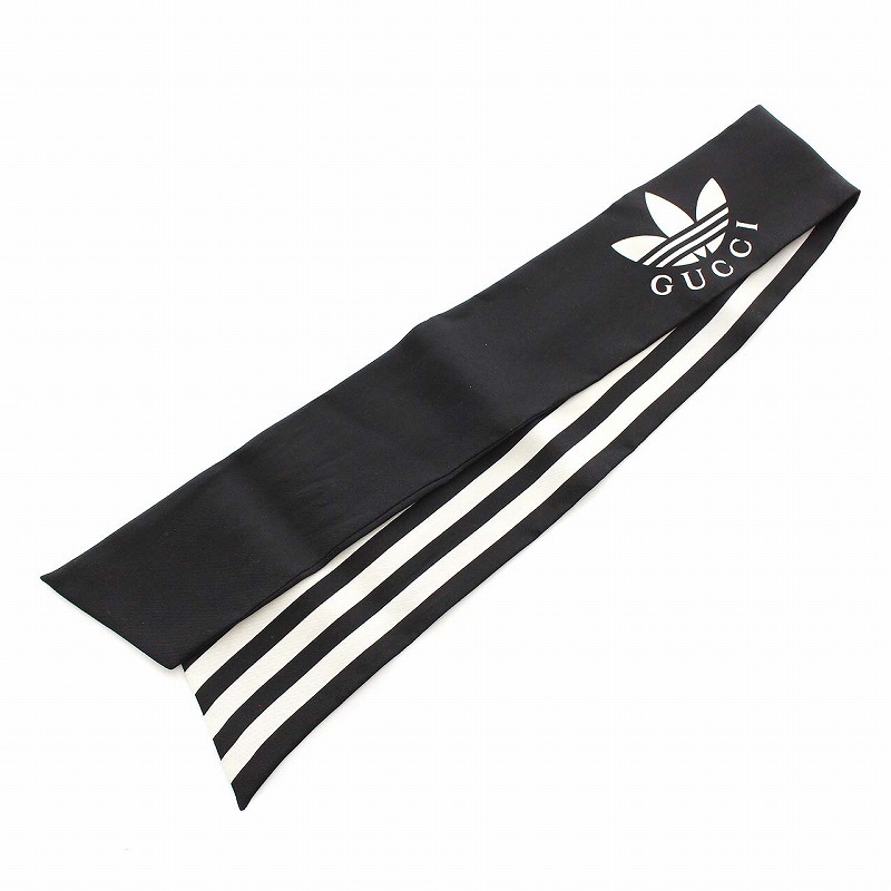 グッチ GUCCI 22SS adidas ストライプ シルク ネックボウ スカーフ 黒