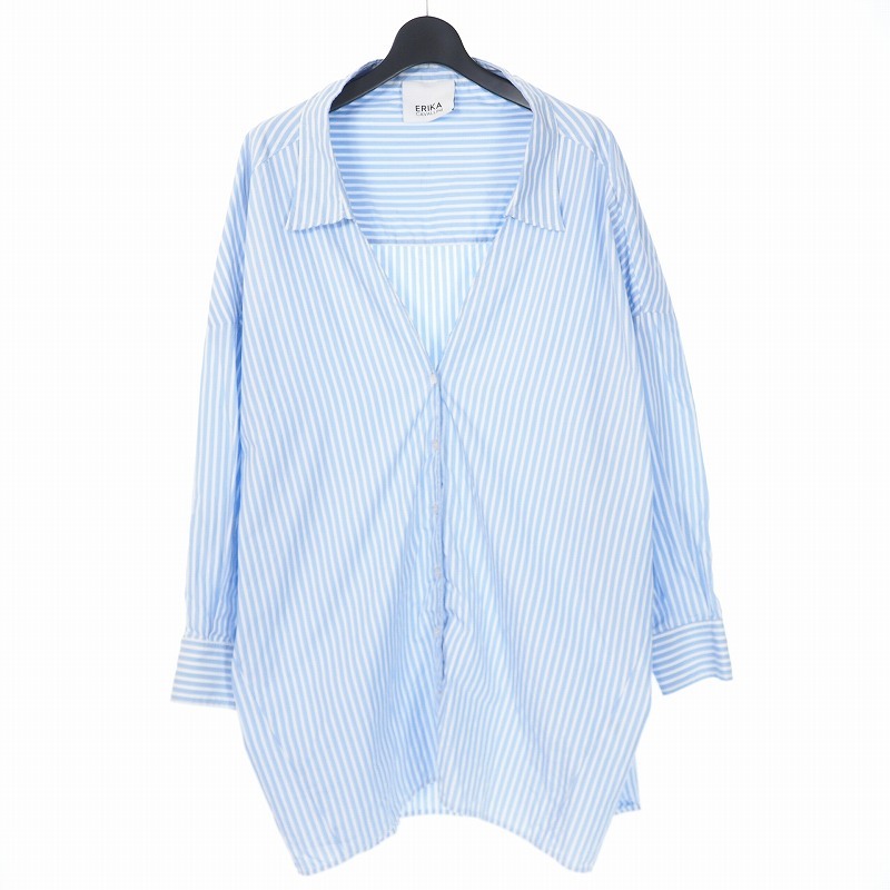 エリカカヴァリーニ ERIKA CAVALLINI 20SS Stripe Shirt ストライプ シャツ ドロップショルダー 長袖 38 ライトブルー 青 P0SJ09 レディー