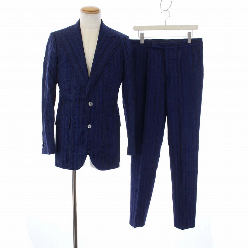 ロベルトカヴァリ roberto cavalli シングル スーツ セットアップ 上下 総柄 テーラードジャケット スラックス パンツ 48 M 青 ブルー
