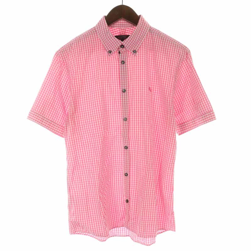 バーバリーブラックレーベル ボタンダウンシャツ コットン ギンガムチェック ロゴ刺繍 半袖 2 M ピンク 白 ホワイト /YI44 メンズ_画像1
