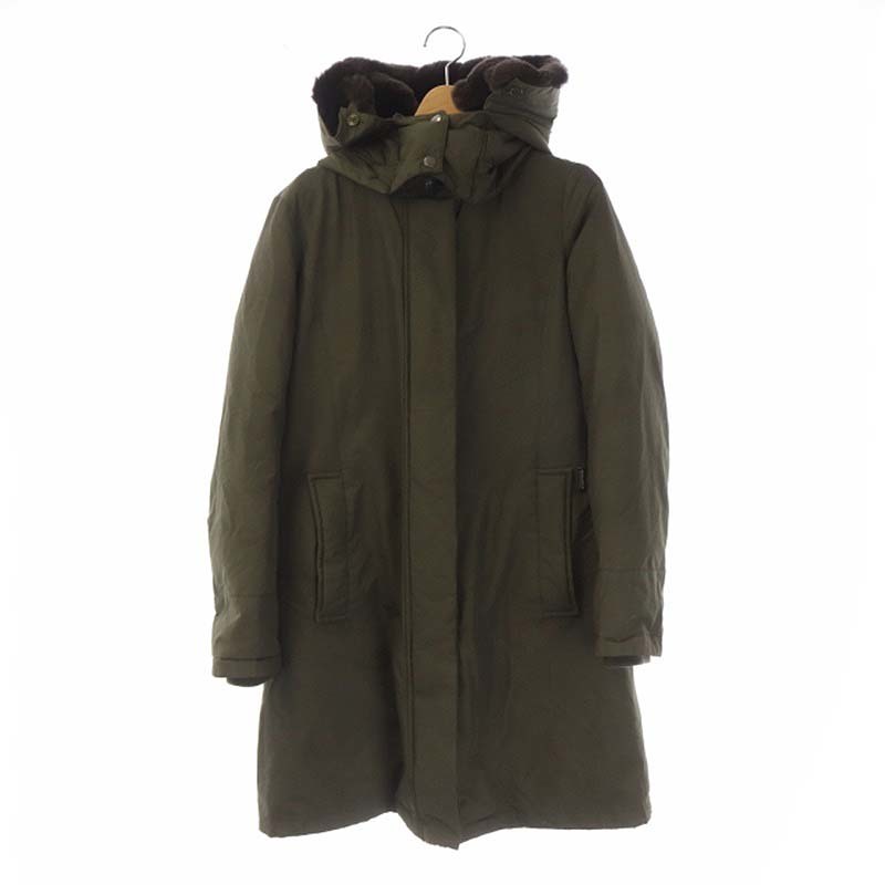 即納在庫品 ウールリッチ WOOLRICH BOW BRIDGE ダウンコート アウター ジップアップ ミドル丈 フード付き ラビットファー XS  カーキ レディース