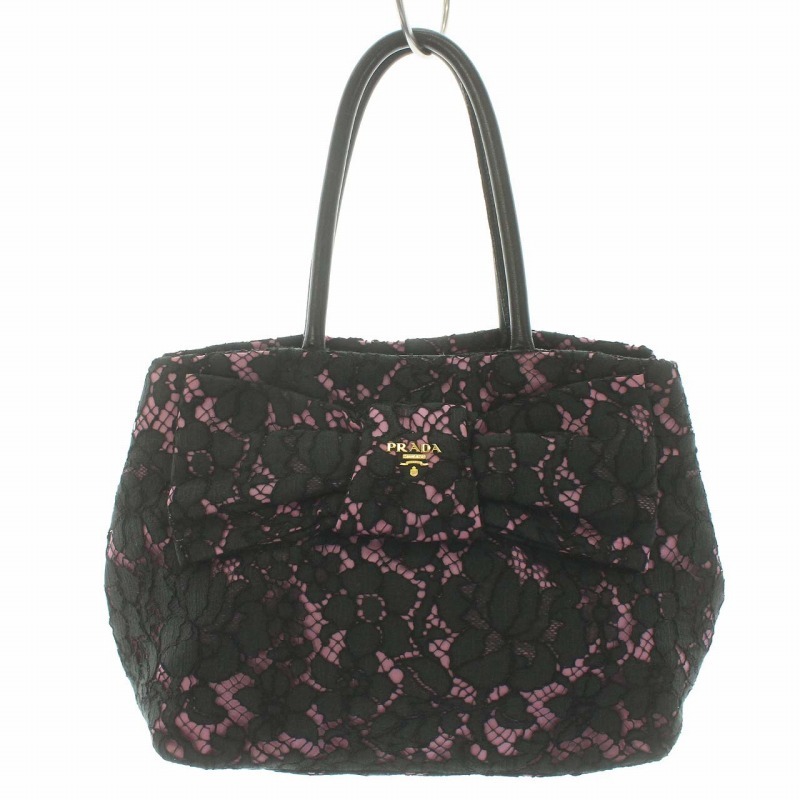 プラダ PRADA トートバッグ ハンドバッグ コットン レザー レース 花柄