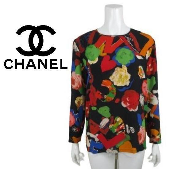 【極美品】90's ヴィンテージ シャネル CHANEL 花柄 ブラウス カットソー トップス ココマーク 金ボタン 総柄 ブラック×マルチカラー_画像1