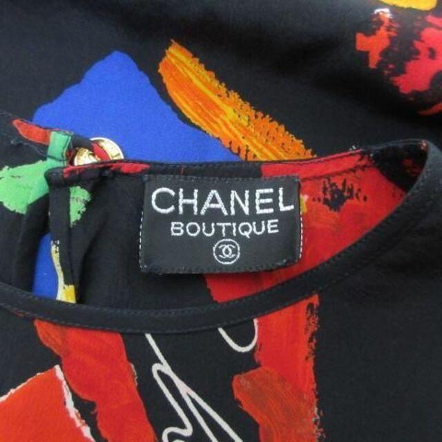 【極美品】90's ヴィンテージ シャネル CHANEL 花柄 ブラウス カットソー トップス ココマーク 金ボタン 総柄 ブラック×マルチカラー_画像9