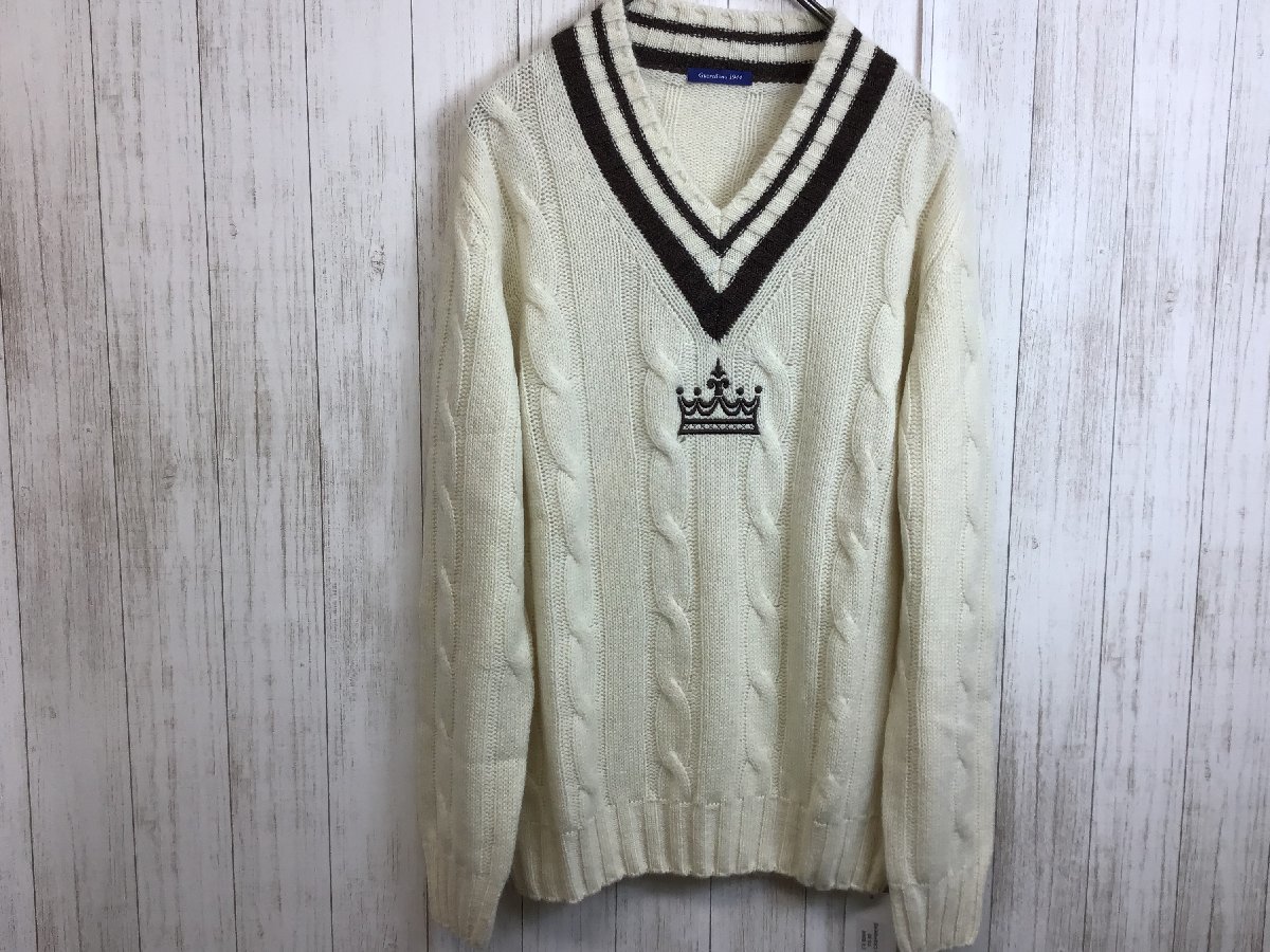 50%OFF サンプル品 Guercilena1944 ローゲージVネックニット オフホワイト×ブラウン cv009R