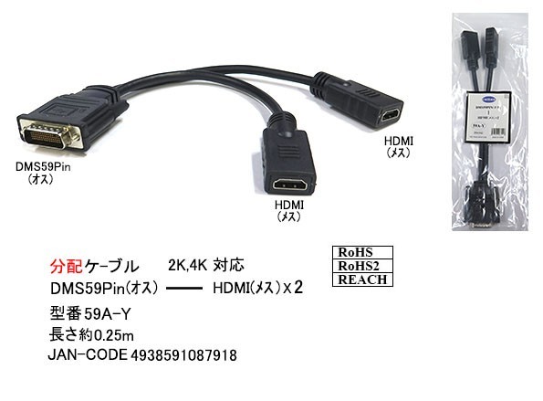 分配ケーブル(DMS59Pin/オス)→(HDMI/メスx2)2K,4K対応/25cm(HD-59A-Y)_画像1