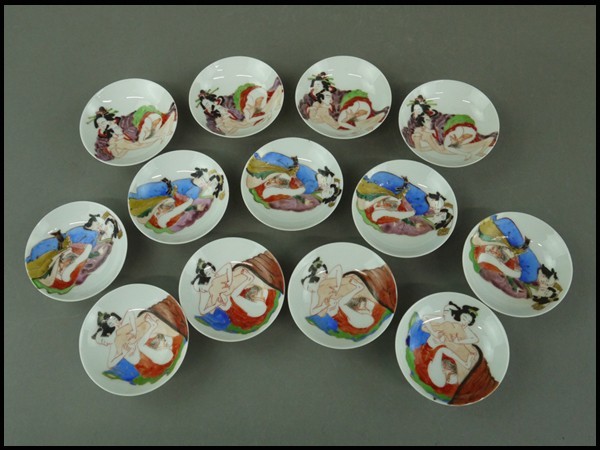 a】酒器 春画 時代浮世絵四手図 九谷 色絵盃 十三客揃 v-66