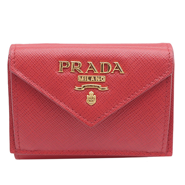 プラダ 三つ折り財布 サフィアーノ ミニウォレット レッド カーフ 1MH021 新品 未使用 コンパクト財布