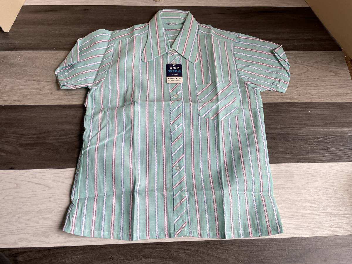 昭和レトロ キッズファッション 半袖シャツ ブラウス グリーン 白 ストライプ 150サイズくらい 13才_画像1