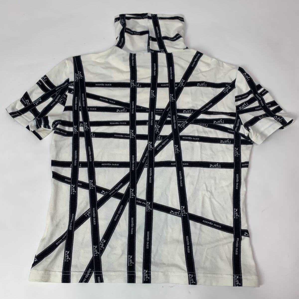 p342 HERMES エルメス リボン柄 半袖Tシャツ トップス ハイネック タートル カットソー ネイビー ホワイト M イタリア製 正規品