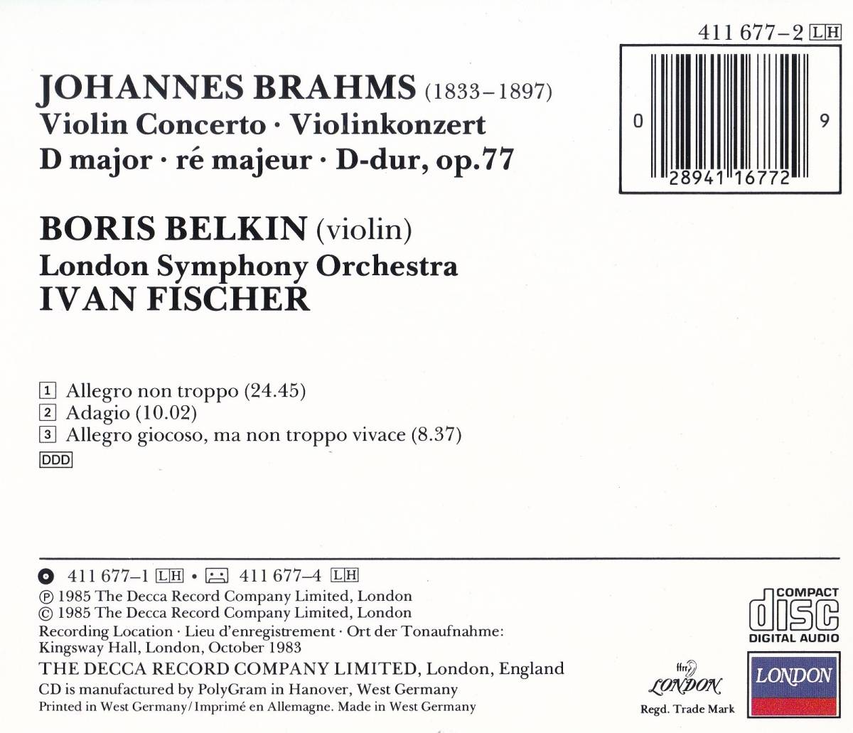 廃盤超希少 初期西独盤 ボリス・ベルキン イヴァン・フィッシャー ロンドン響 ブラームス ヴァイオリン協奏曲_画像2