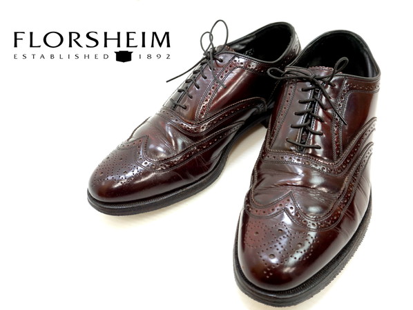 ●フローシャイム FLORSHEIM 内羽根 鏡面レザー仕上げ ショートウィング レザー シューズ ブラウン 9.5E 27.5cm相当_画像1