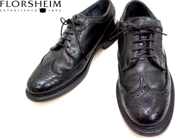 70s ★ 高級革靴 USA製 FLORSHEIM ウイングチップ シボレザー シューズ ブラック 8 1/2 26.5cm フローシャイム 当時モノ 百貨店 高級靴