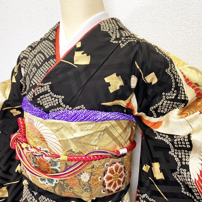 [ last SALE!!]* kimono March * gorgeous! antique embroidery discount long-sleeved kimono aperture stop . gold paint long kimono-like garment attaching * condition excellent coming-of-age ceremony wedding 210z14