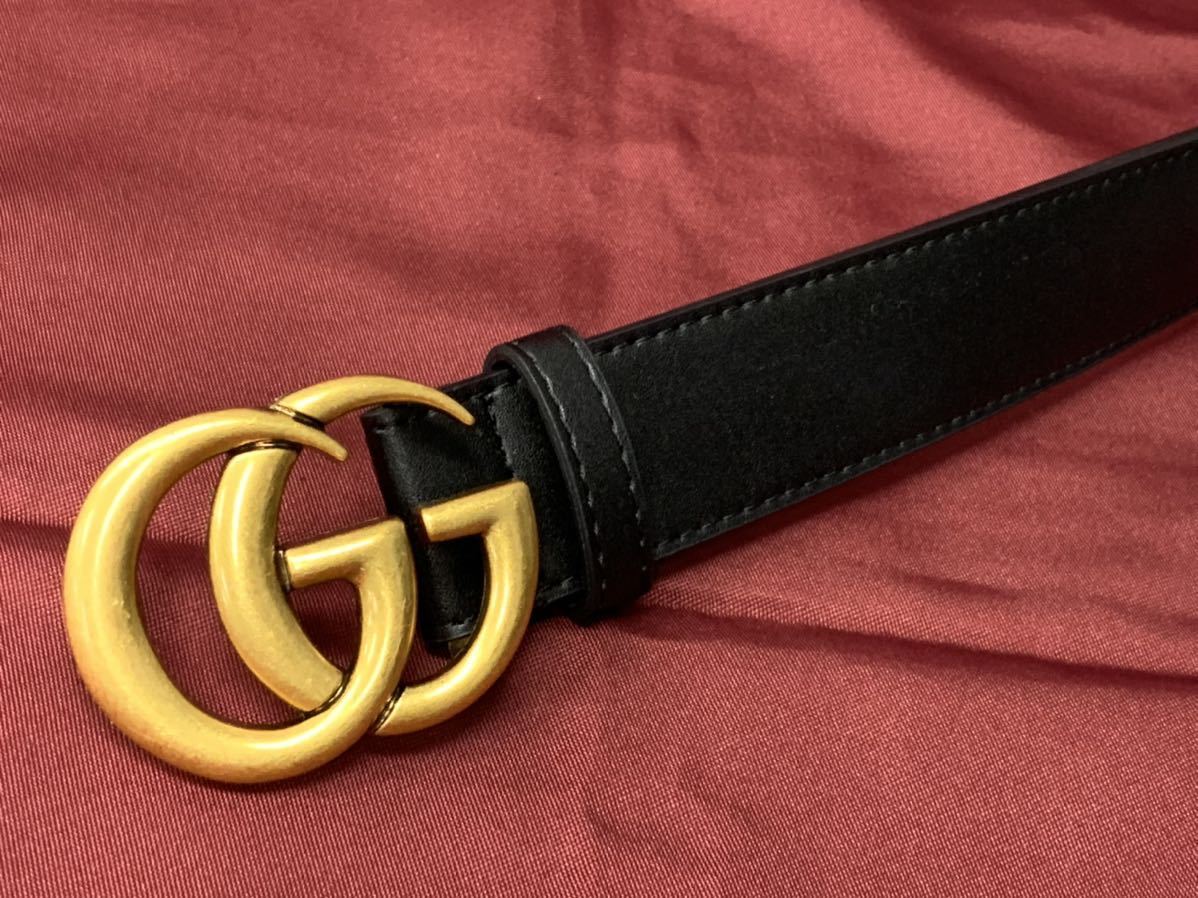 Y□ GUCCI グッチ レザーベルト 全長120.5㎝ メンズ ブラック 黒