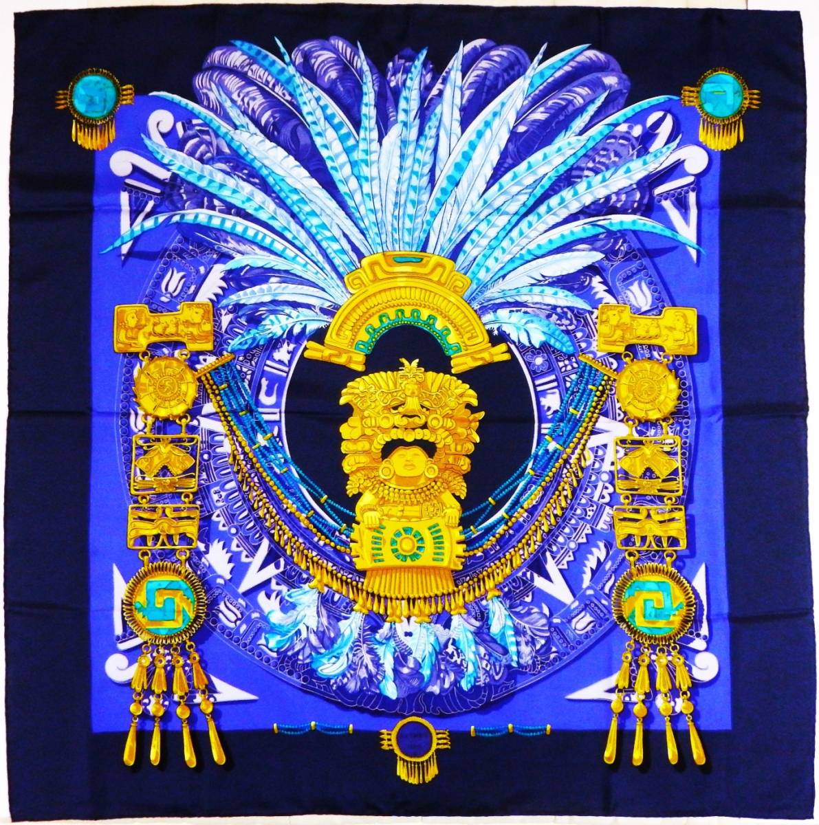 HERMES エルメス カレ90 メキシコ カーニバル 装飾 首飾り ブルー系